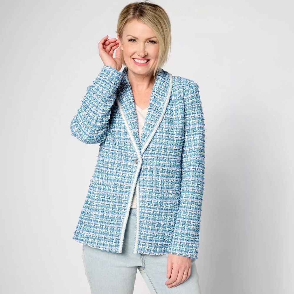 Isaac Mizrahi Live! Novelty Tweed One Button Blazer Jacket Dark Blue XL